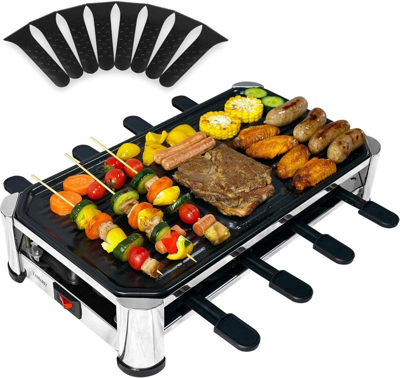 Tamarit 8-Person Raclette Grill, Electric Party Grill with Nonstick Plate, 8 Pans and Spatulas, 1500 W (Indoor), Stainless Steel - Image 1